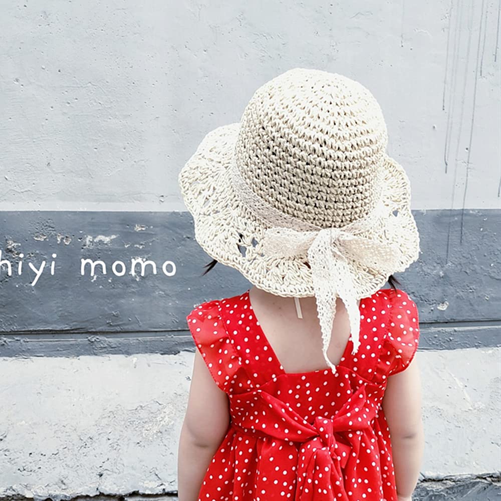 Summer Straw Hat Little Girl Kids Breathable Foldable UV Protection Bowknot Wide Brim Floppy Beach Sun Visor Hats - Image 3