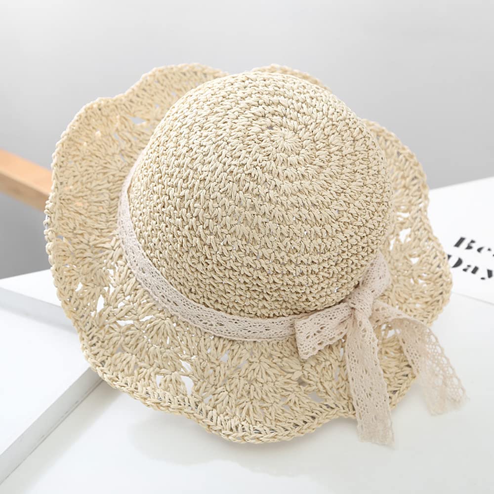 Summer Straw Hat Little Girl Kids Breathable Foldable UV Protection Bowknot Wide Brim Floppy Beach Sun Visor Hats - Image 4
