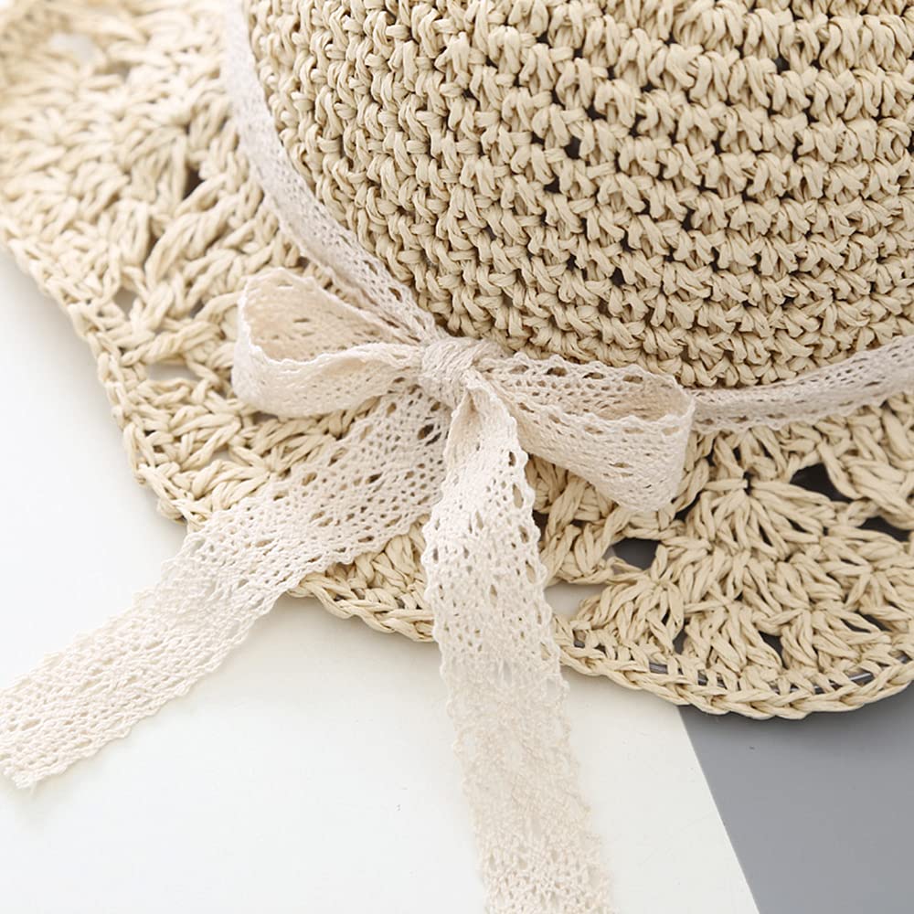 Summer Straw Hat Little Girl Kids Breathable Foldable UV Protection Bowknot Wide Brim Floppy Beach Sun Visor Hats - Image 7
